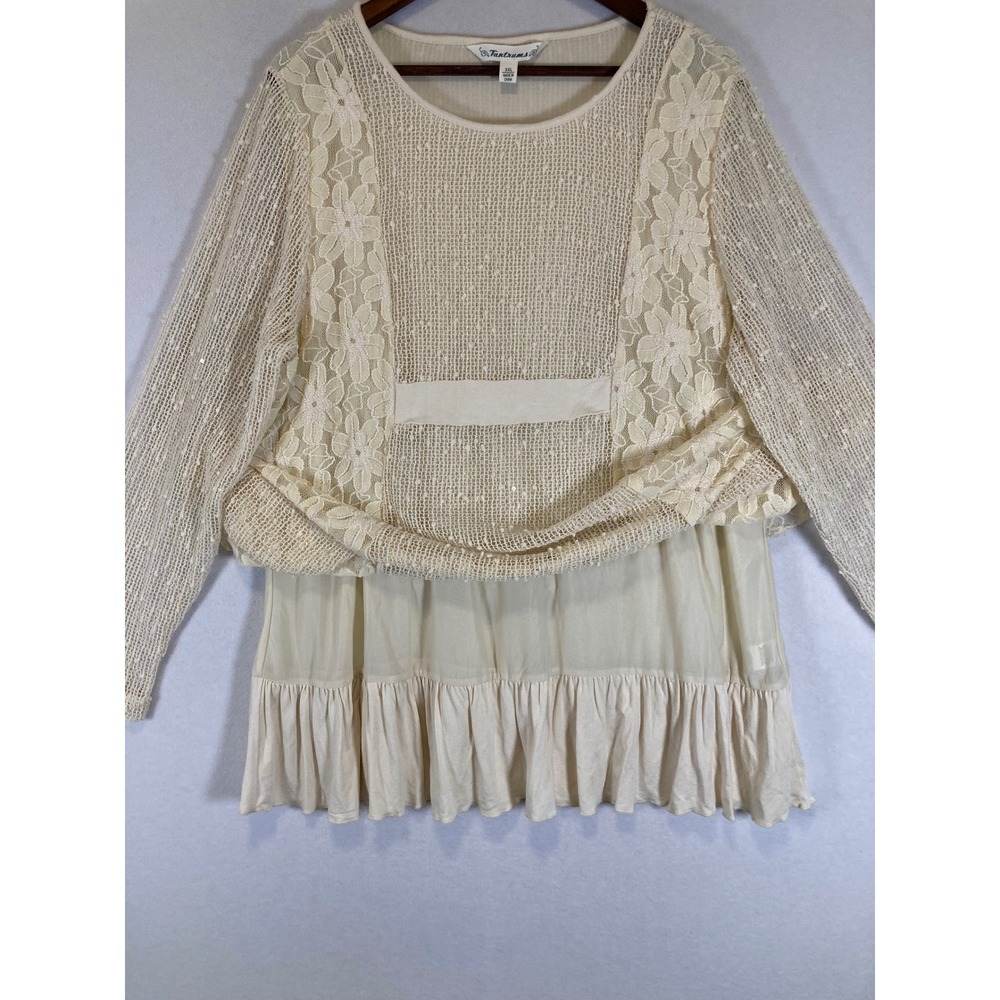 Boho Romantic Tantrums Women XXL Ivory Floral Lace Sequin Layered Ruffle Tunic - Picture 4 of 11